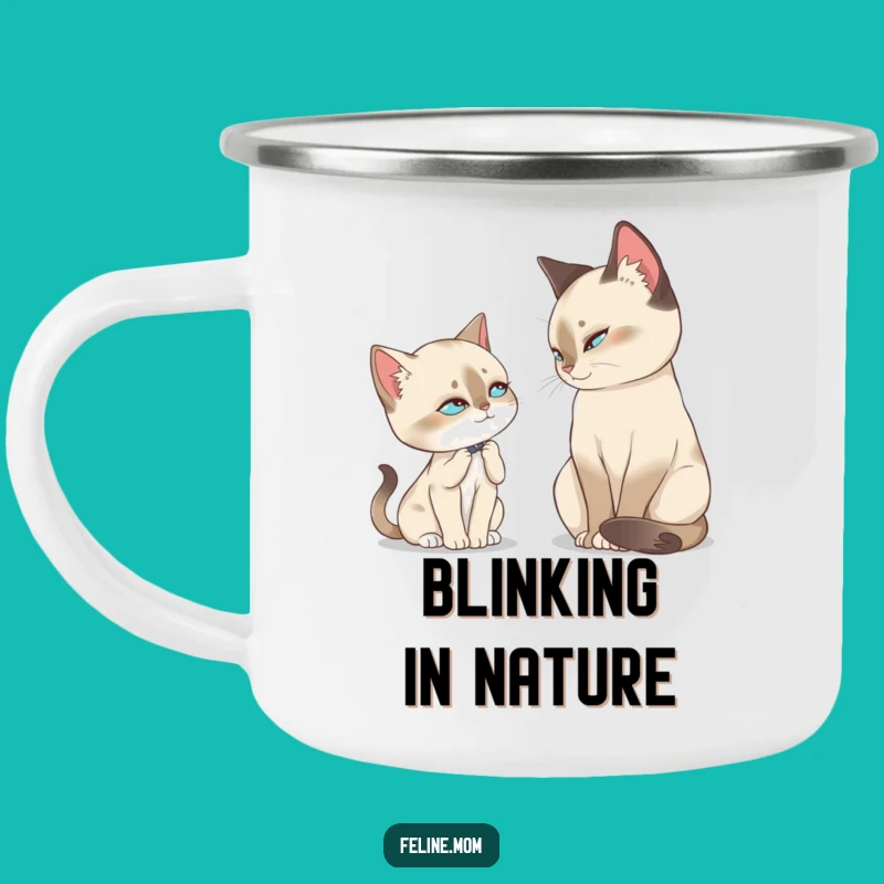 Funny Siamese Slow Blink Camping Mug: Regal Feline Adventure Gift for Outdoorsy Cat Lovers