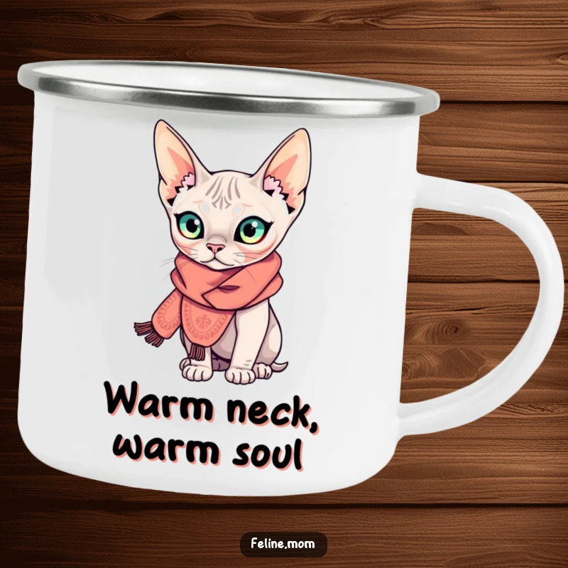 Funny Sphynx cat camping mug showing a curious, hairless cat with an elaborate scarf, perfect for enjoying drinks outdoors with hilarious flair.