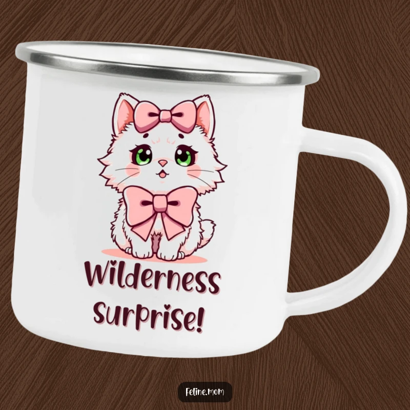 Funny camping mug with a fluffy cat looking surprised, wearing a large bow, perfect for outdoor use.