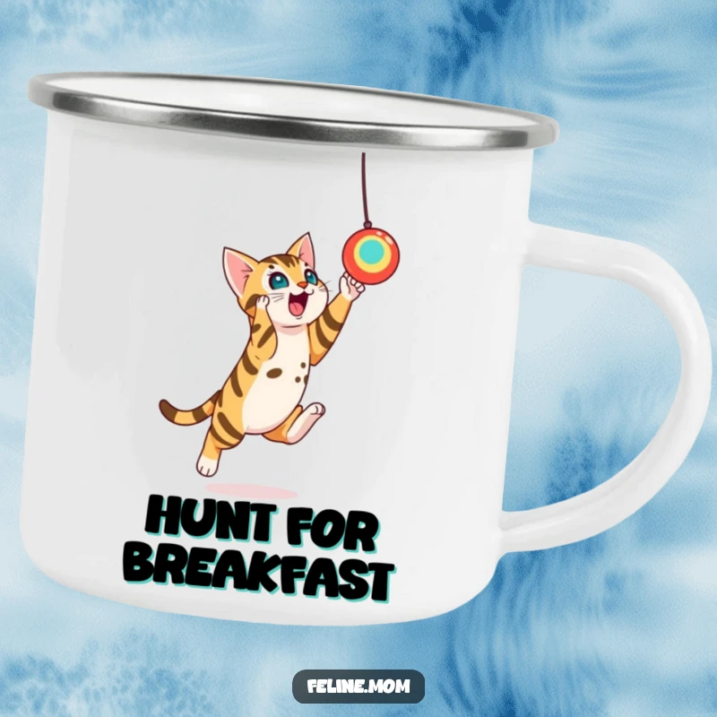 Funny Bengal Cat Toy Leap Camping Mug: A Bengal cat leaps towards a toy, perfect for enjoying your favorite beverage outdoors.