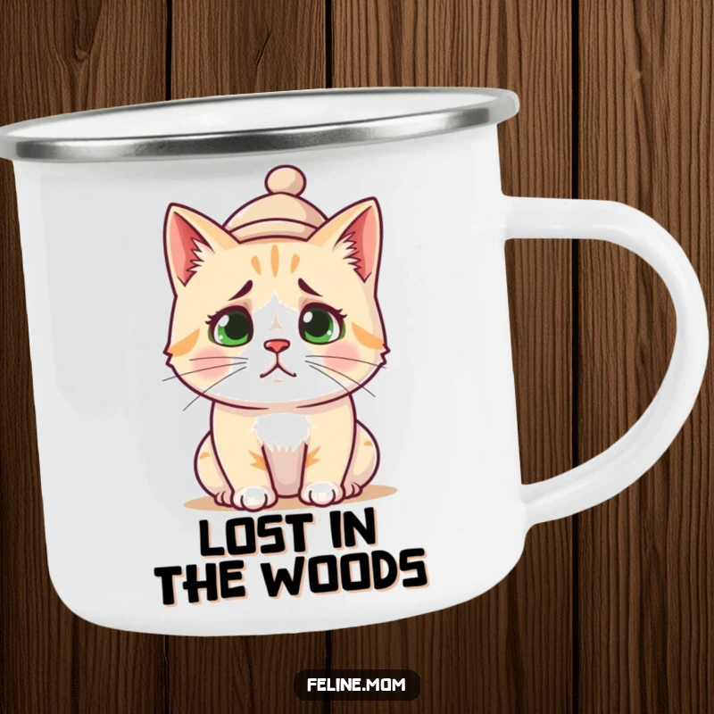 Funny Camping Mug: A confused cat wearing a hat, perfect for your outdoor drinks.