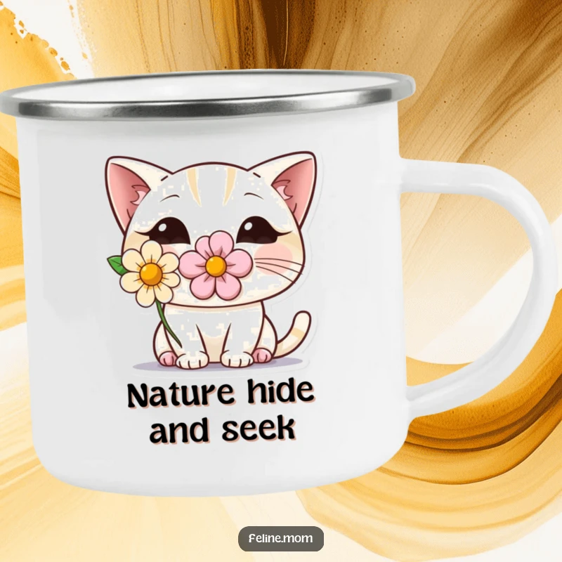 Funny enamel camping mug featuring a shy cat with a flower, peeking out from behind. Perfect for rustic charm and a smile on any adventure.