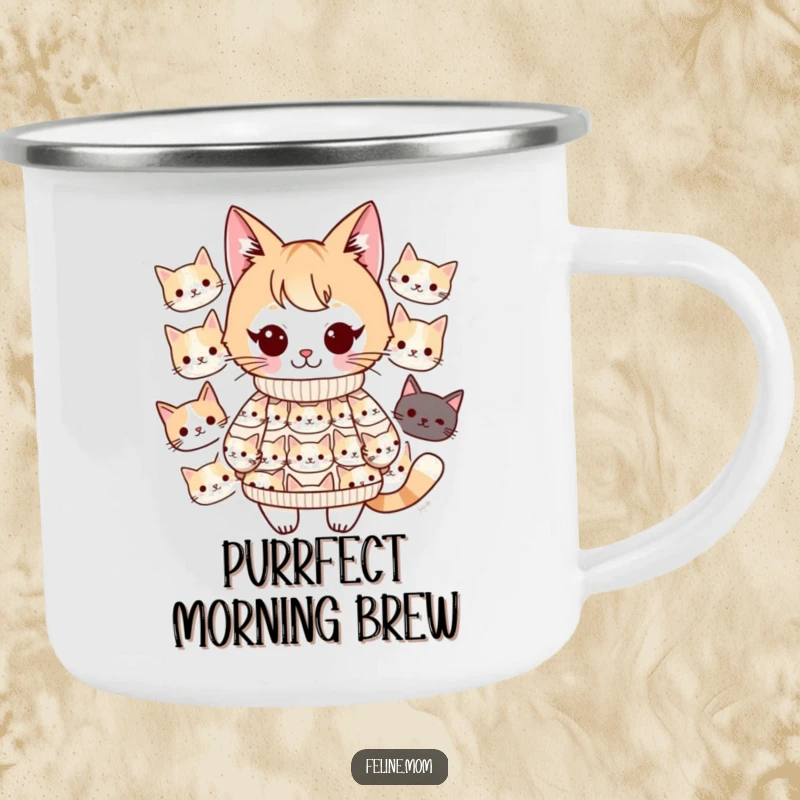 Funny Kawaii cat lady character wearing a cat-face sweater on a rustic enamel camping mug. Perfect for outdoor enthusiasts.