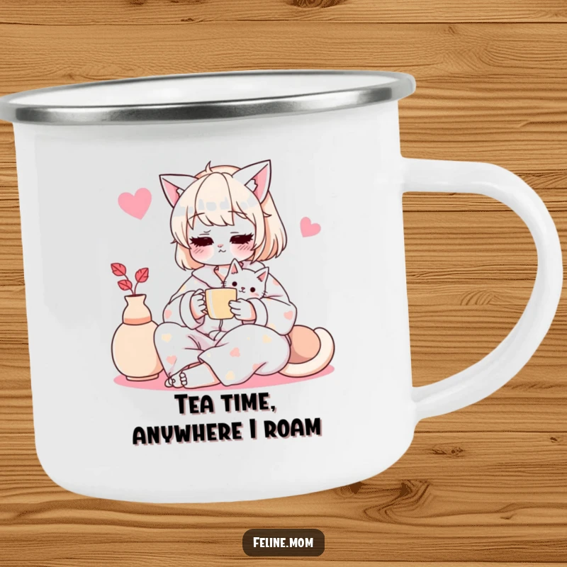 Funny cat lady in pajamas with tea and cat illustrated on a rugged camping mug, great for outdoors.