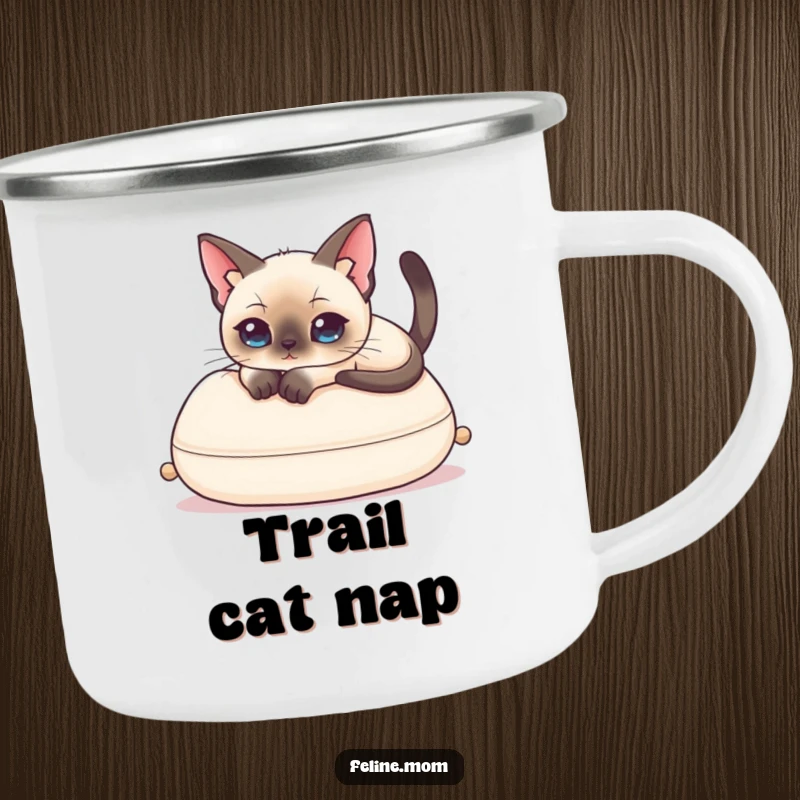 Funny Siamese Cat Camping Mug showing an elegant cat relaxing, perfect for a humorous outdoor beverage holder.