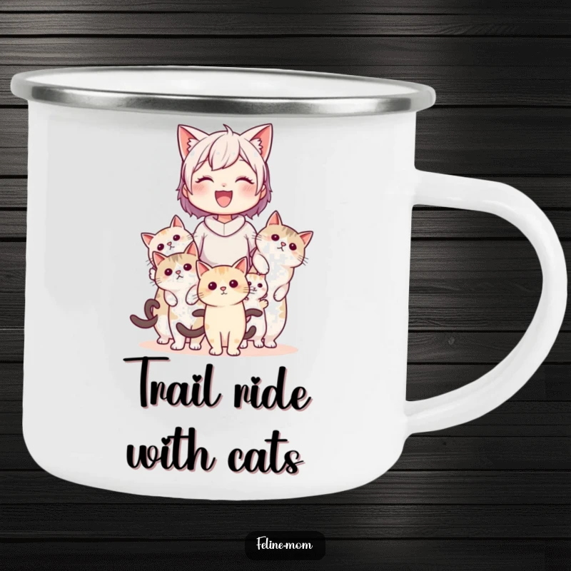 Funny cat lady character being carried by several cats on a sturdy camping mug, perfect for outdoor beverages and celebrating feline transport.
