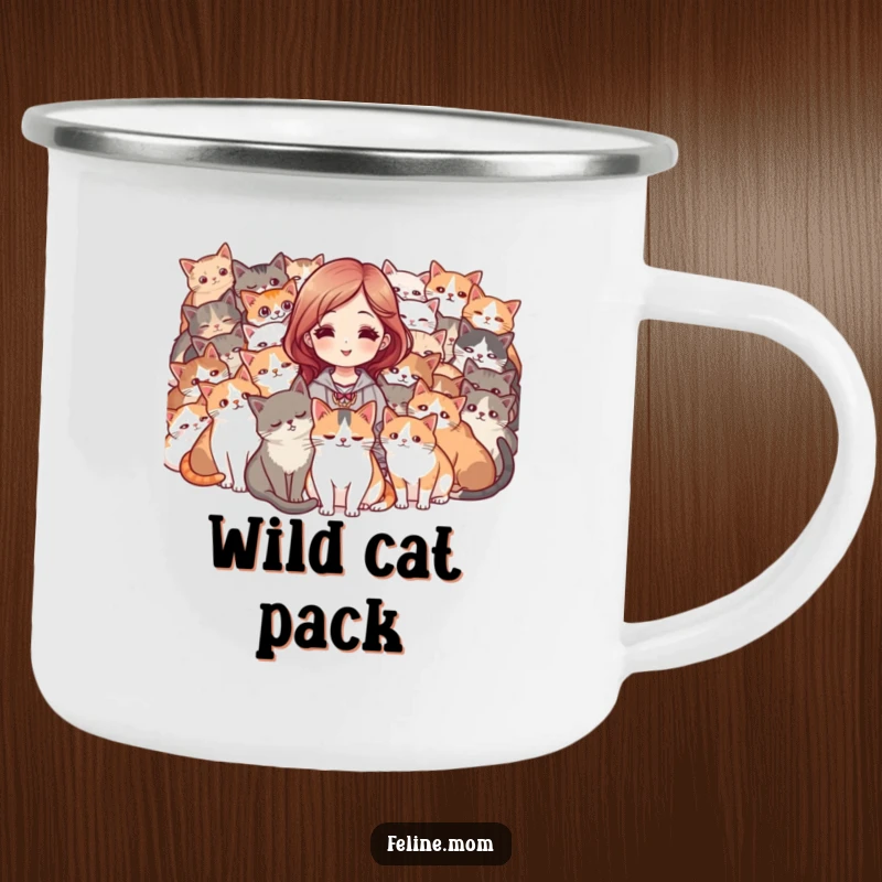 Funny camping mug depicting a woman surrounded by a purring mob of cats, looking happy. A humorous travel mug.