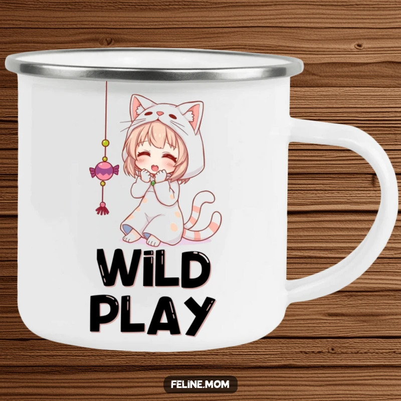 Funny camping mug featuring a woman dressed as a cat, playfully batting at a dangling toy. A humorous travel mug.
