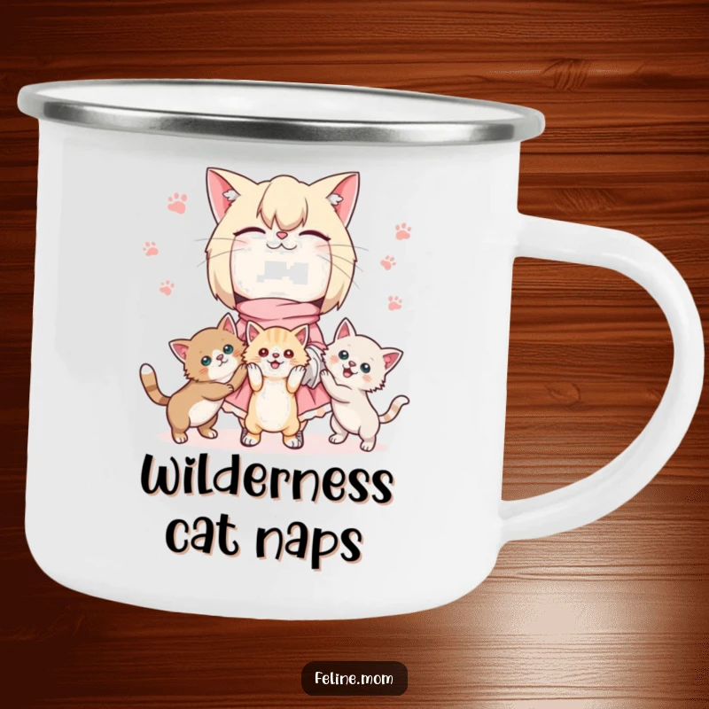 Kawaii cat lady camping mug showing a cute character juggling playful kittens, perfect for enjoying nature with feline charm.