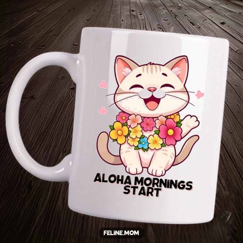 Funny happy cat wearing a colorful lei, swaying rhythmically, tropical vibes, cheerful, funny mug, perfect gift.