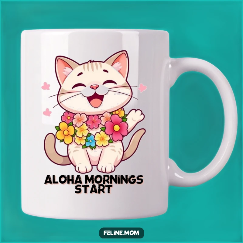 Funny Aloha Cat Mug: Happy Lei Cat Swaying, Tropical Funny Gift for Fun Lovers