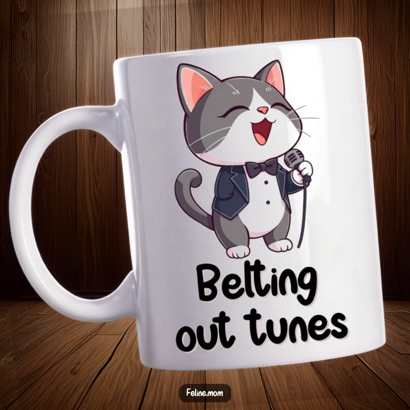 Funny Mug: A dapper tuxedo cat wearing a tiny microphone belts out a tune with flair.