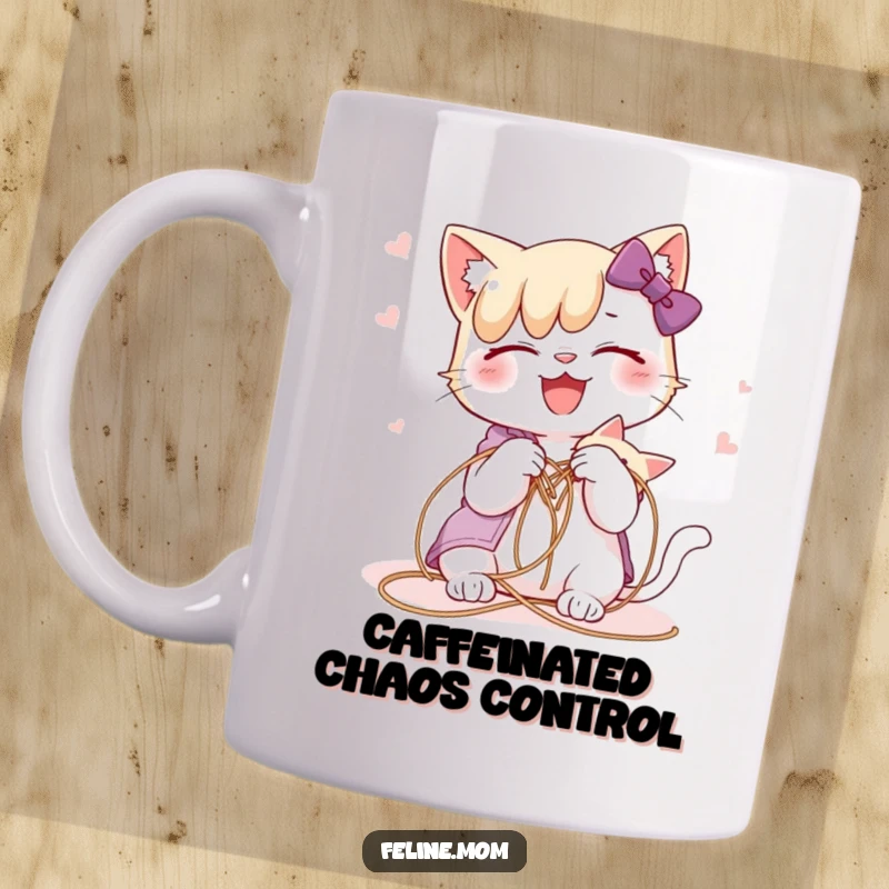 Funny cat lady happily trying to untangle a cat that is stuck in a string, on a mug.