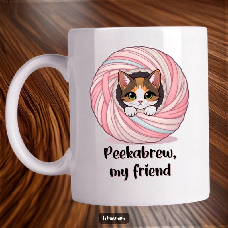 Funny curious calico cat peeking out from inside a massive ball of colorful yarn, perfect funny gift.