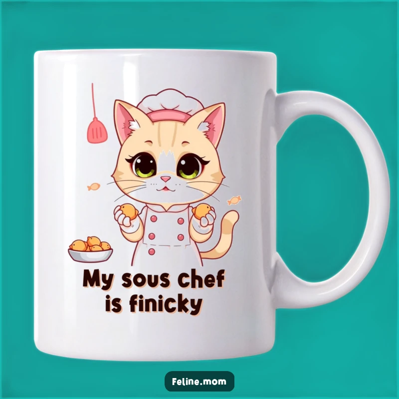 Funny Cat Chef Mug: Adorable Cat Lady Chef Presenting Tiny Fish Treats - Perfect Funny Gift!