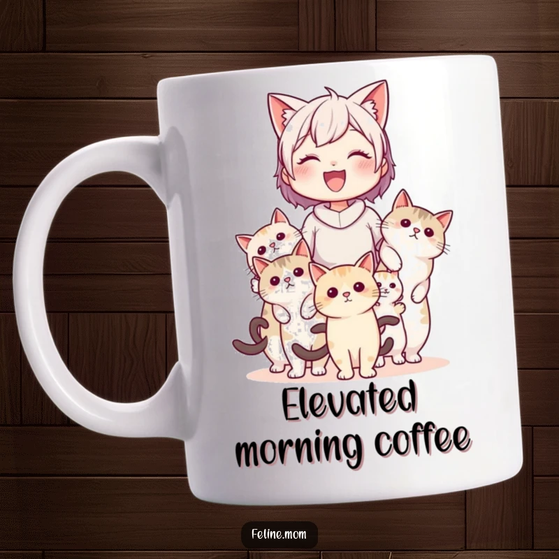 Funny cat lady being joyfully carried by several cats on a mug, illustrating a whimsical and humorous feline-powered adventure.