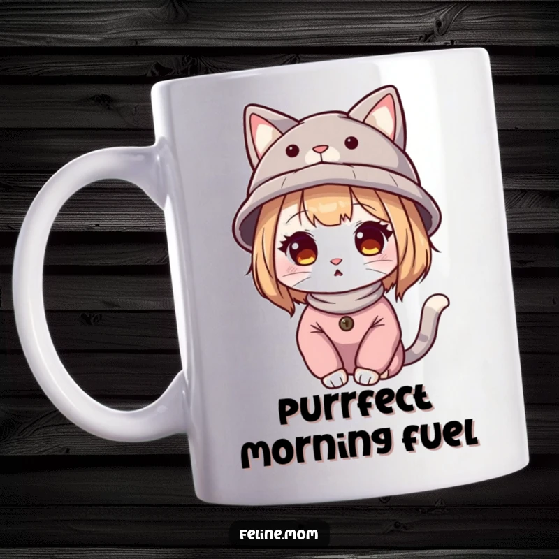 Funny cat lady illustration wearing a hat with cat ears, printed on a mug, perfect for cat lovers.