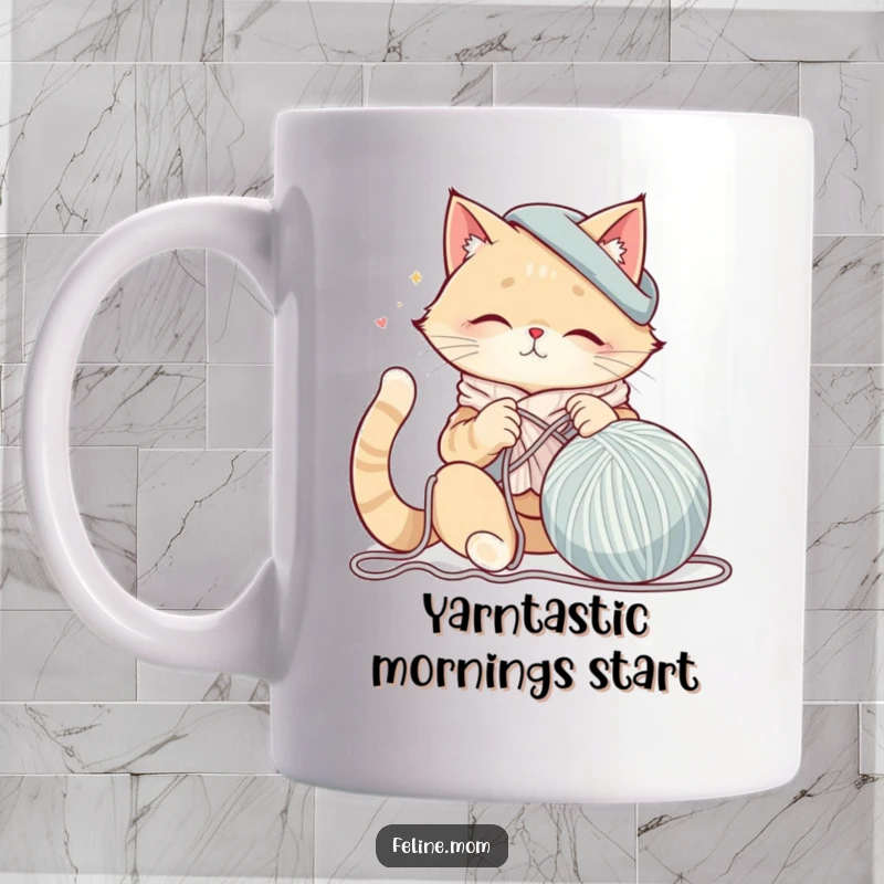 Funny cat lady happily knitting a giant ball of yarn on a mug, showcasing a love for crafts and cats with warm humor.