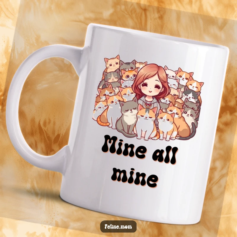 Funny mug showing a woman surrounded by a purring mob of cats, looking happy and adored. A humorous gift for cat moms.