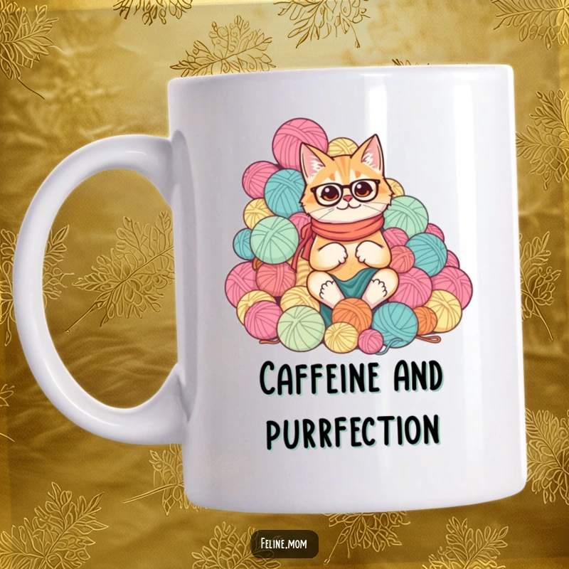 Funny cat lady buried in a comical, huge mountain of colorful yarn balls, a perfect mug for knitters.