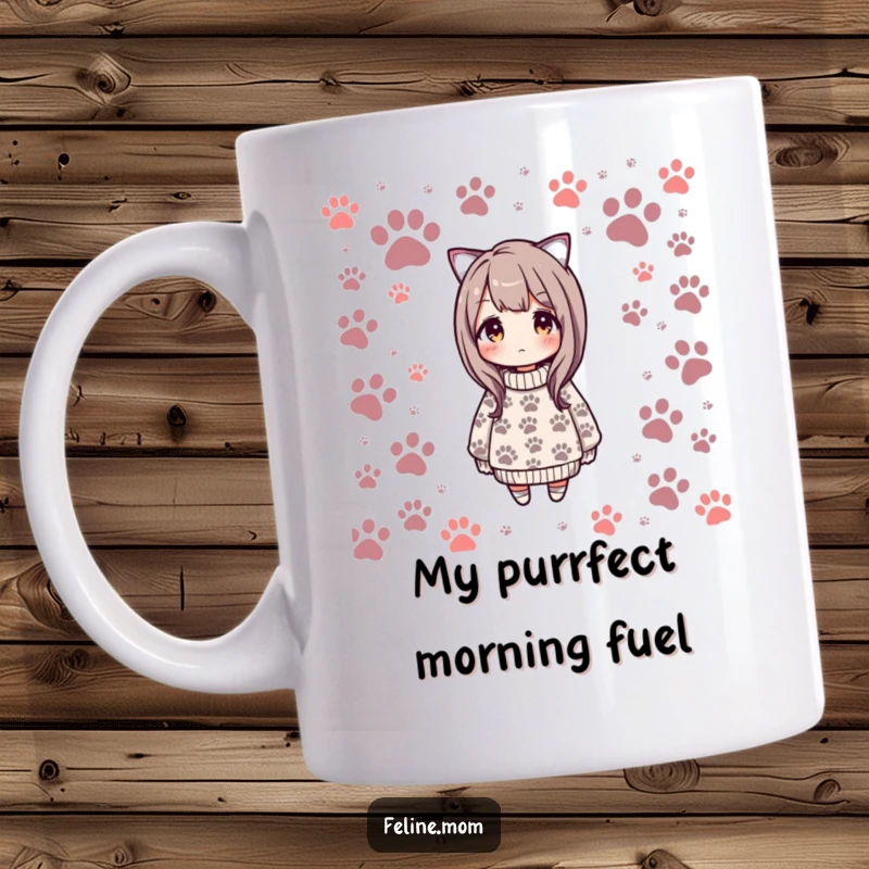 Funny mug featuring a woman in a cozy sweater with many cat paw prints, showcasing a unique and humorous design for cat lovers.