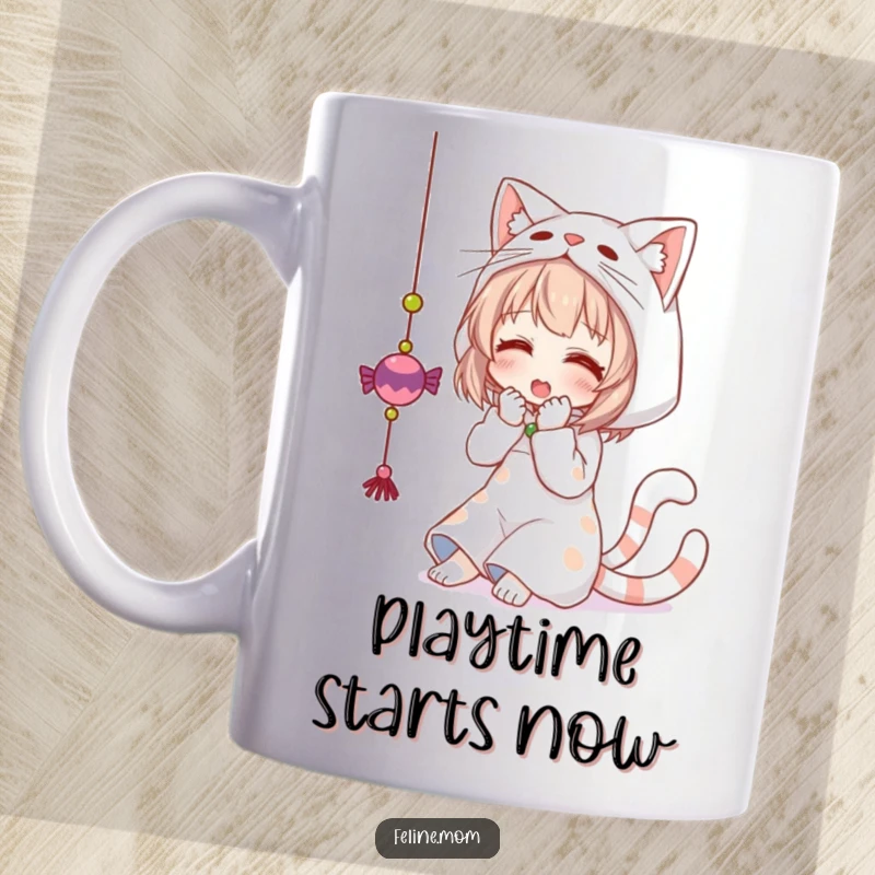 Funny mug of a woman in a cat costume playfully swatting a dangling toy, full of feline energy. A humorous present.
