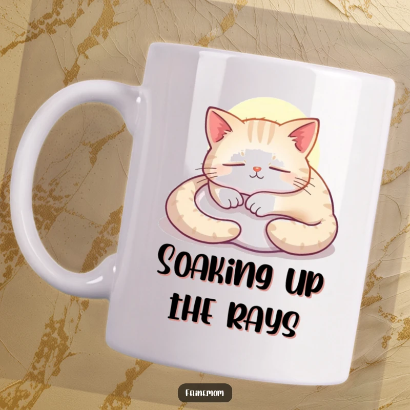 Funny cat mug with a contented feline peacefully napping in a warm, golden sunbeam.