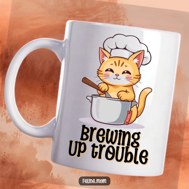 Funny Mug depicting a ginger cat in a chef hat, happily stirring a steaming pot, ready to cook up a storm.