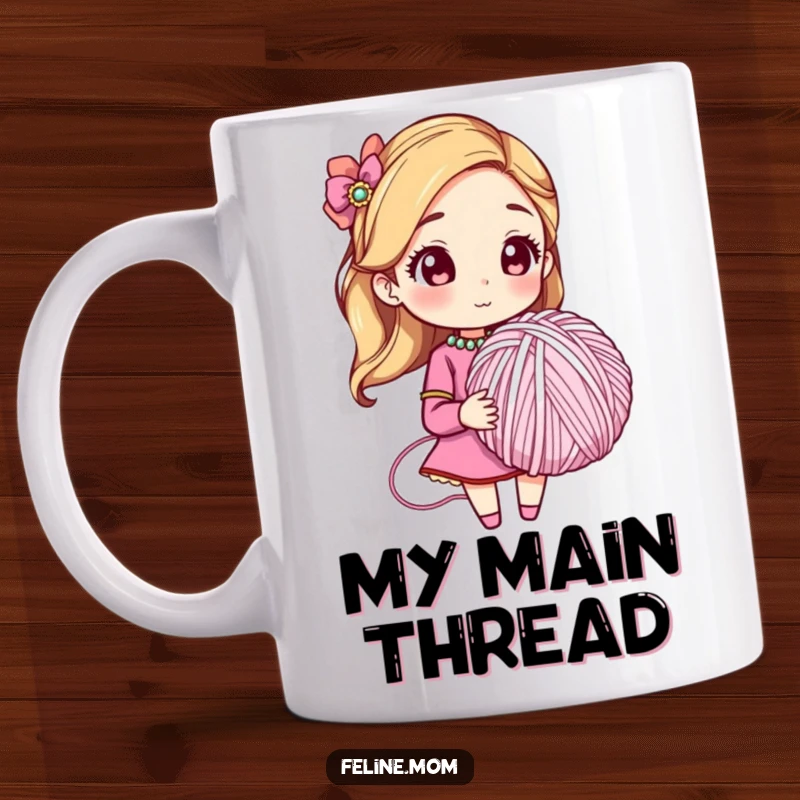 Funny mug showing a woman in a jeweled collar holding a giant yarn ball, looking playfully mischievous. A humorous gift for cat mom.