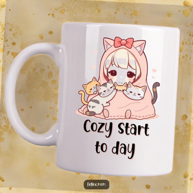 Funny Kawaii Cat Lady Mug featuring a cute character snuggled warmly under a blanket with content cats.