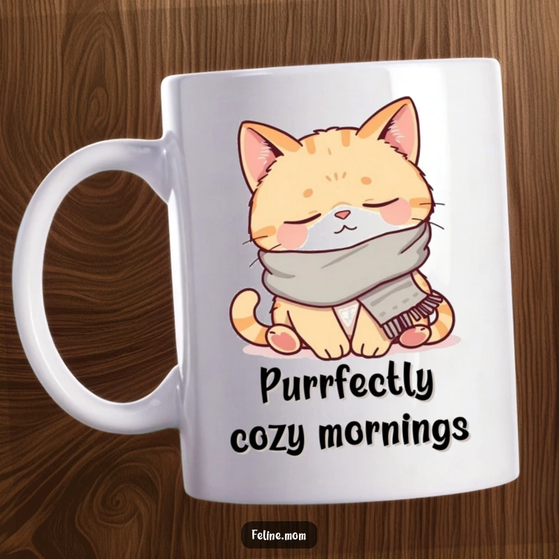 Funny coffee mug illustration of a contented cat wearing a small scarf, peacefully napping. A charming and humorous design for cat enthusiasts.