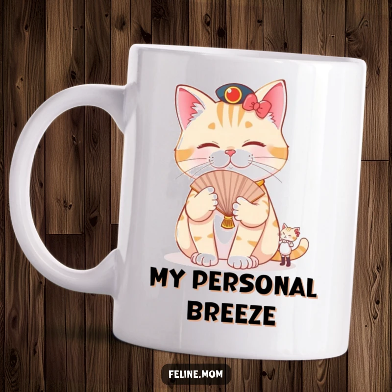 Funny pampered cat mug showing a cat lounging regally while a tiny attendant fans it, embodying ultimate, hilarious feline privilege.