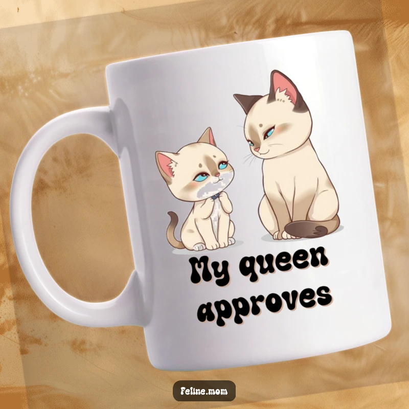 Funny Siamese Cat Mug, a regal feline offers a slow blink of love to its devoted cat lady owner, showcasing sweet affection