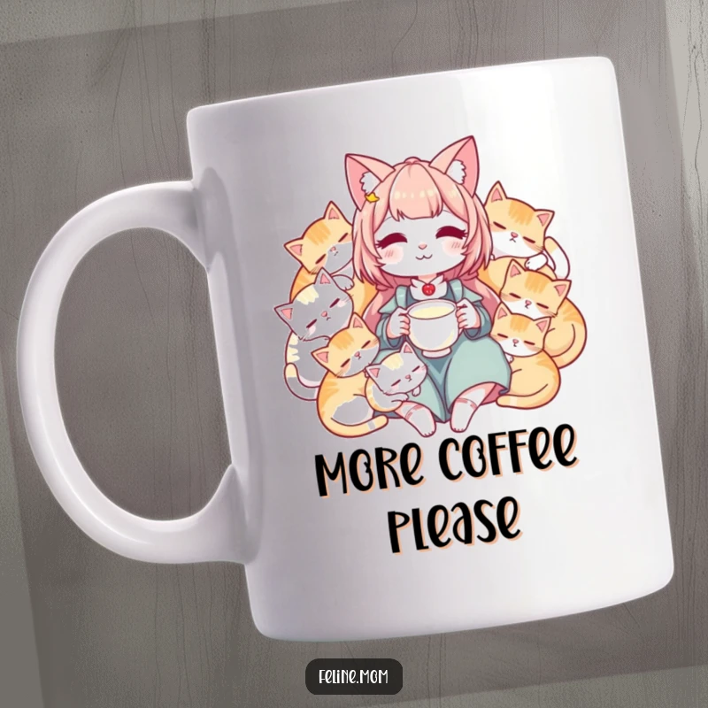 Funny mug depicting a serene cat lady holding milk surrounded by her adorable sleeping cats, radiating peace.