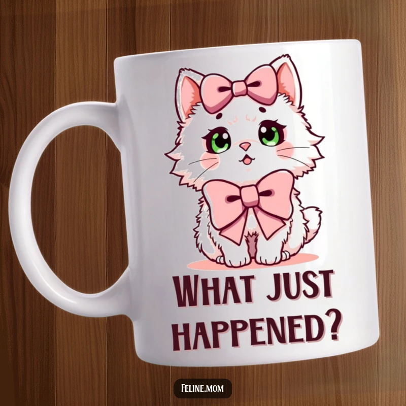 Funny mug featuring a fluffy cat with big eyes, wearing a giant unexpected bow, looking surprised.