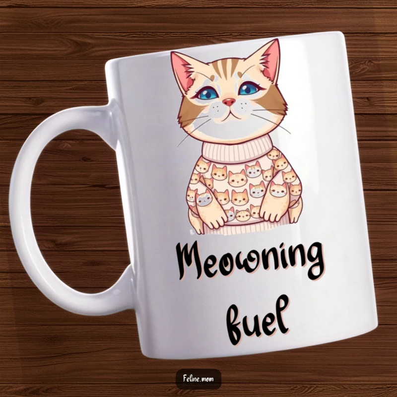 Funny cat lady mug featuring a woman wearing a sweater adorned with numerous tiny cat faces, expressing feline affection.