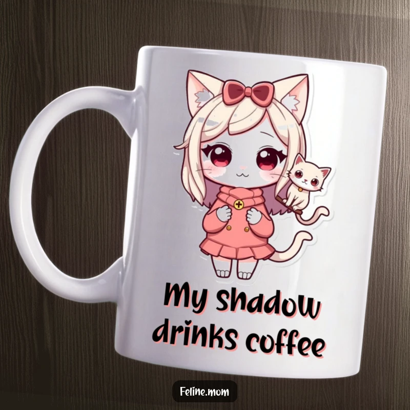 Funny Kawaii Cat Lady Mug showing a cute character with a cat calmly perched on her shoulder, highlighting companionship.