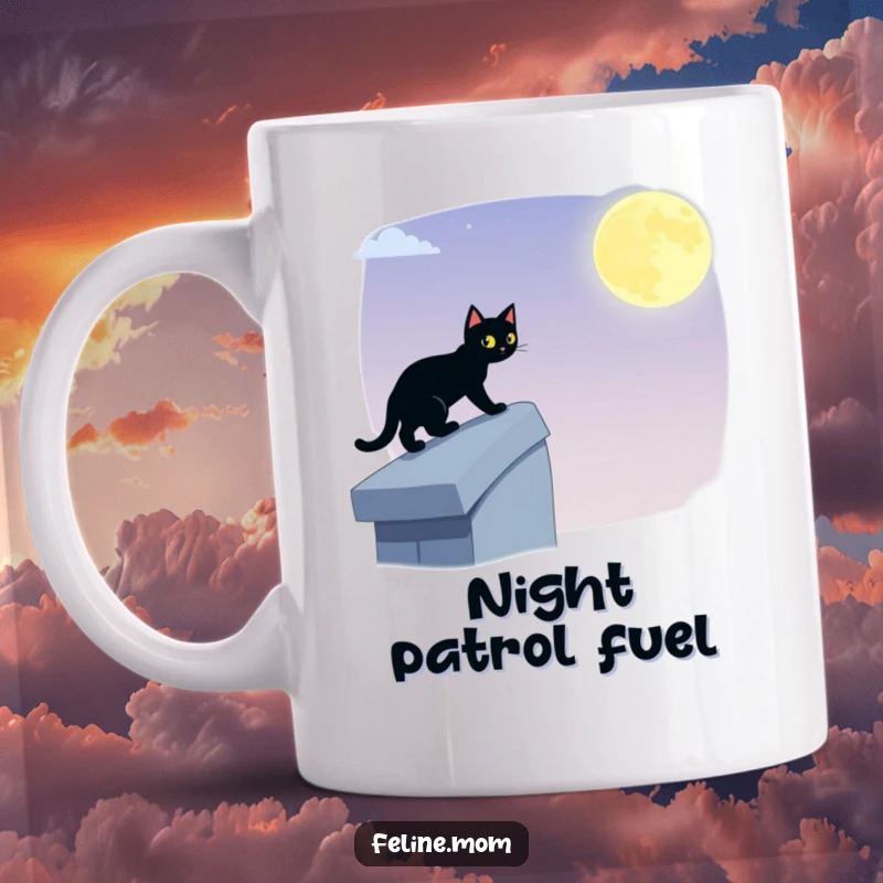 Funny black cat mug showing a stealthy feline tiptoeing across a moonlit rooftop, embodying nocturnal adventure and silent, hilarious mischief.