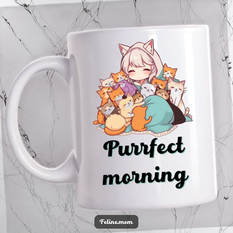 Funny Cat Lady mug showing a woman draped in a blanket, being cuddled by many cats. A warm and humorous gift for feline lovers.