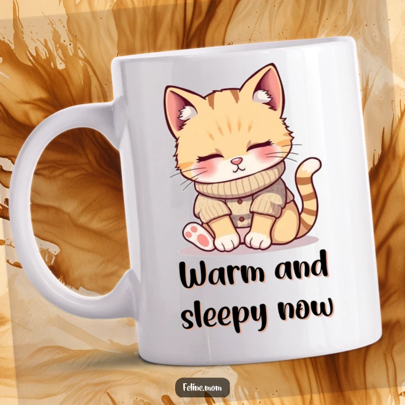 Funny mug showcasing a cute cat wearing a knitted sweater, fast asleep in a warm sunbeam, radiating pure contentment, a perfect funny gift.