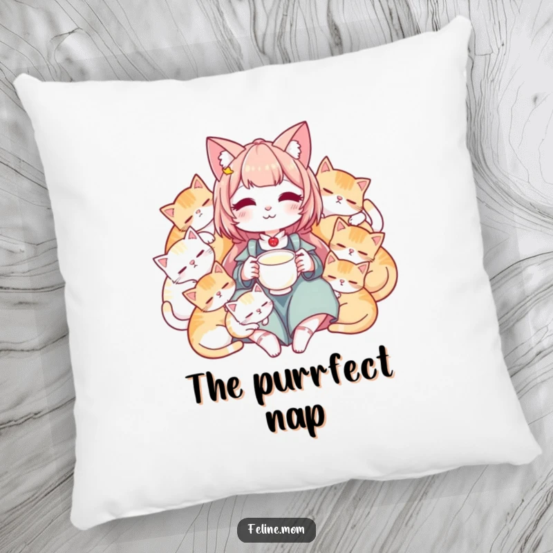 Funny pillow featuring a cat lady with sleeping cats, offering a cozy and peaceful feline-themed decor.