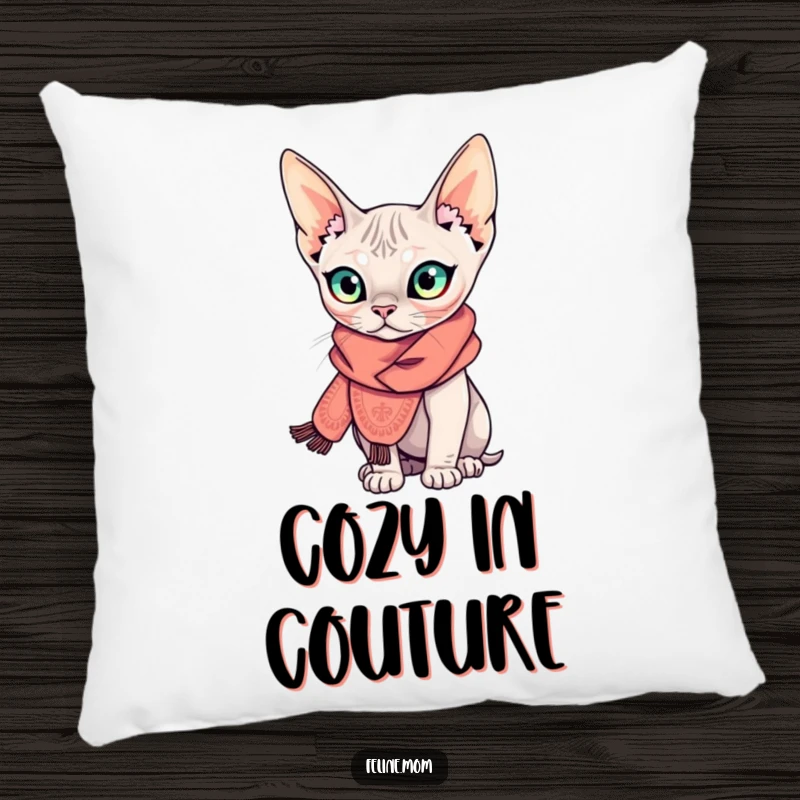 Funny Sphynx cat pillow featuring a curious, hairless cat adorned with a tiny, elaborate scarf, offering comfortable and hilarious style.