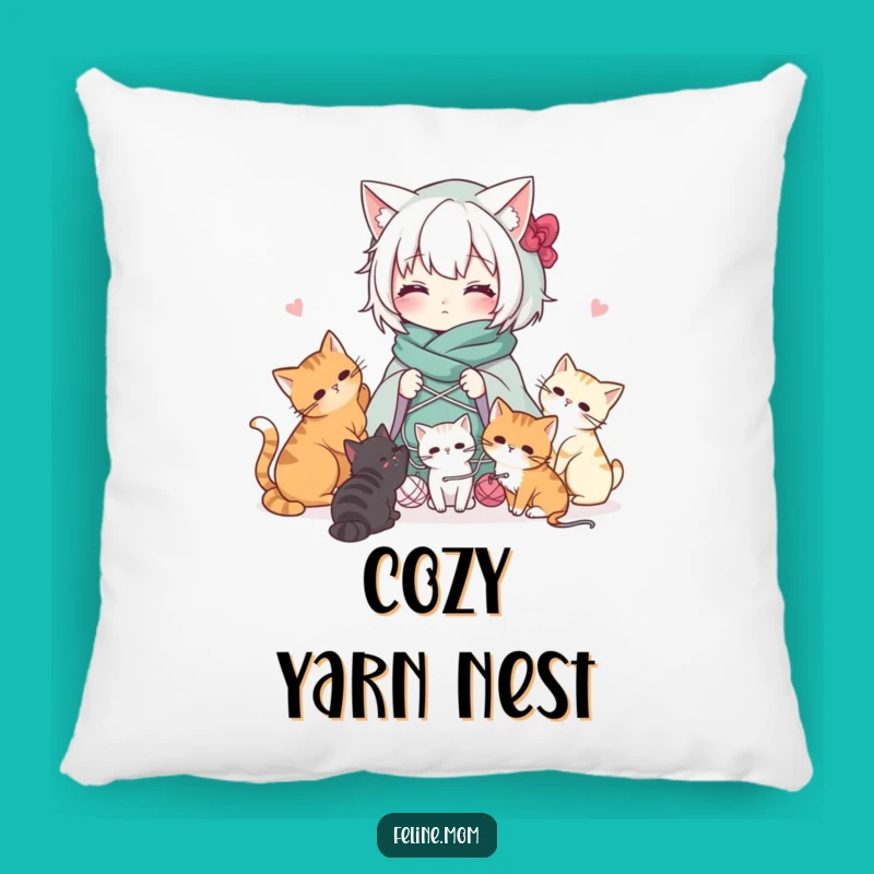 Funny Kawaii Cat Lady Pillow: Cozy Comfort with a Yarn and Cat Scene