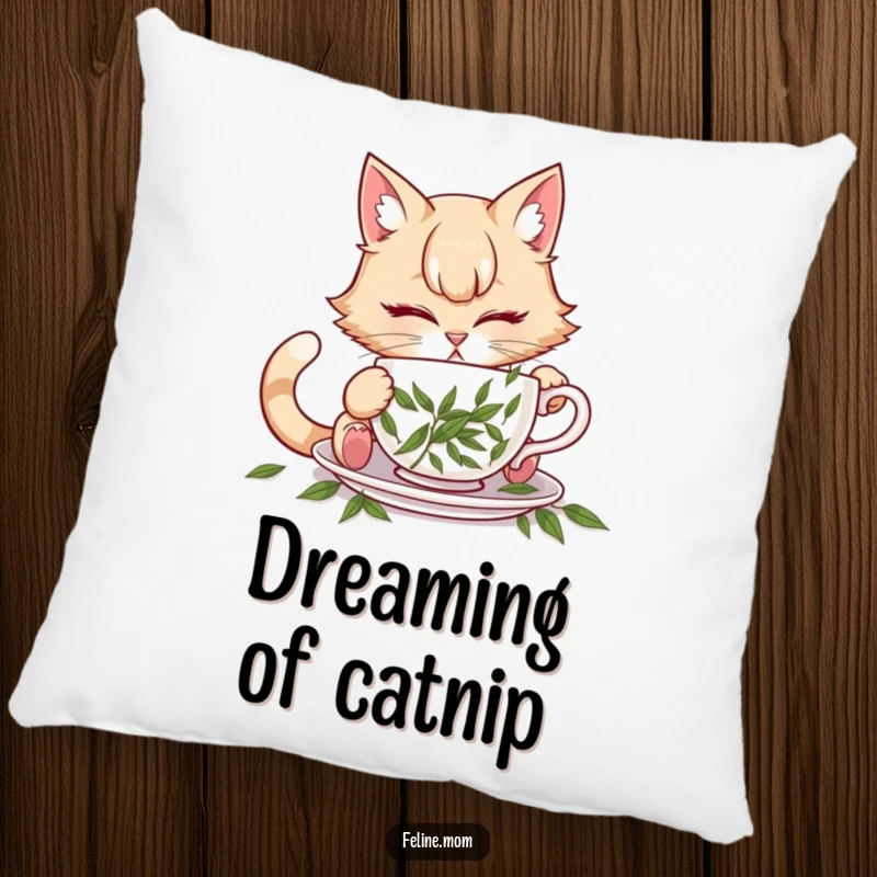 Funny illustration of a cat lady attempting to drink from a teacup filled with catnip, on a pillow.