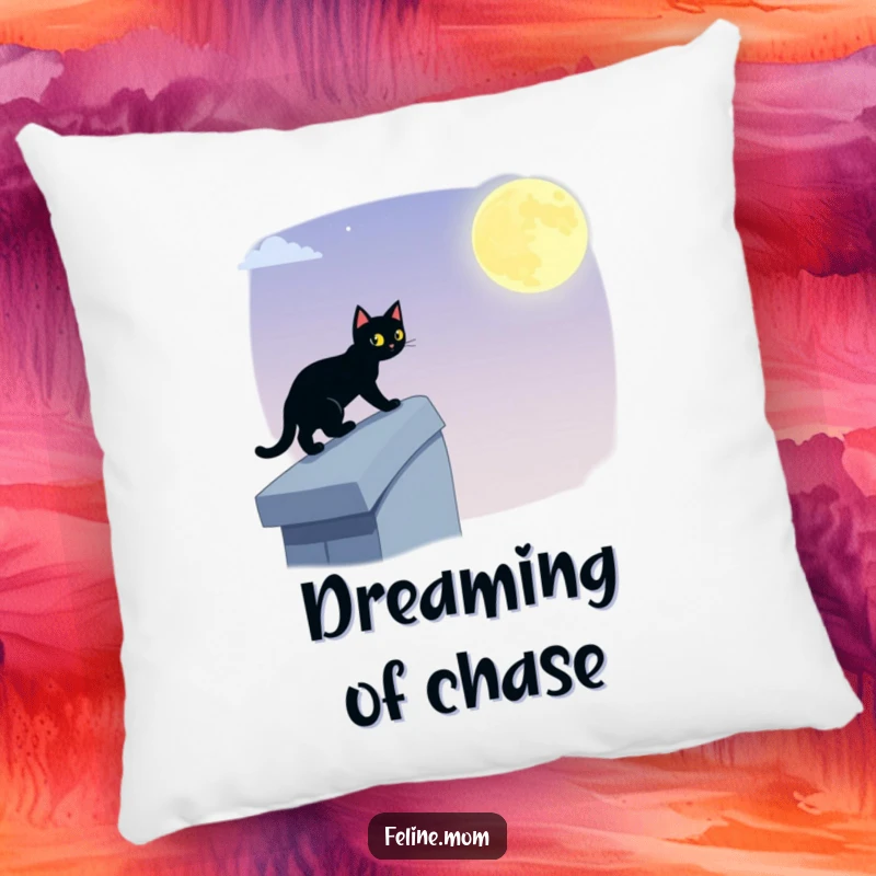 Funny black cat pillow featuring a stealthy feline tiptoeing across a moonlit rooftop, bringing silent, humorous mystery to any cozy corner.