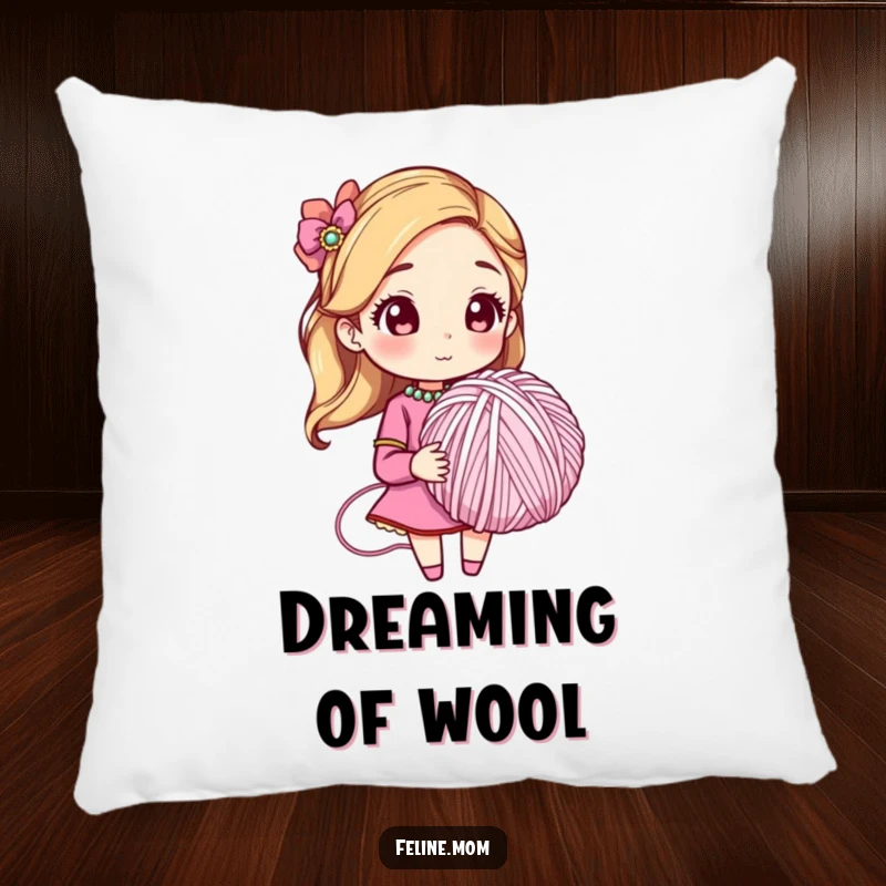 Funny pillow featuring a woman in a fancy jeweled collar with a large yarn ball, looking content. A humorous decor piece.