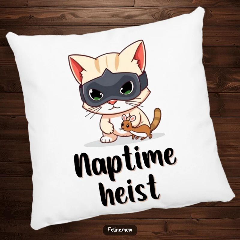 Funny pillow with a cute bandit cat wearing a mask, holding a toy mouse, perfect for cozying up.