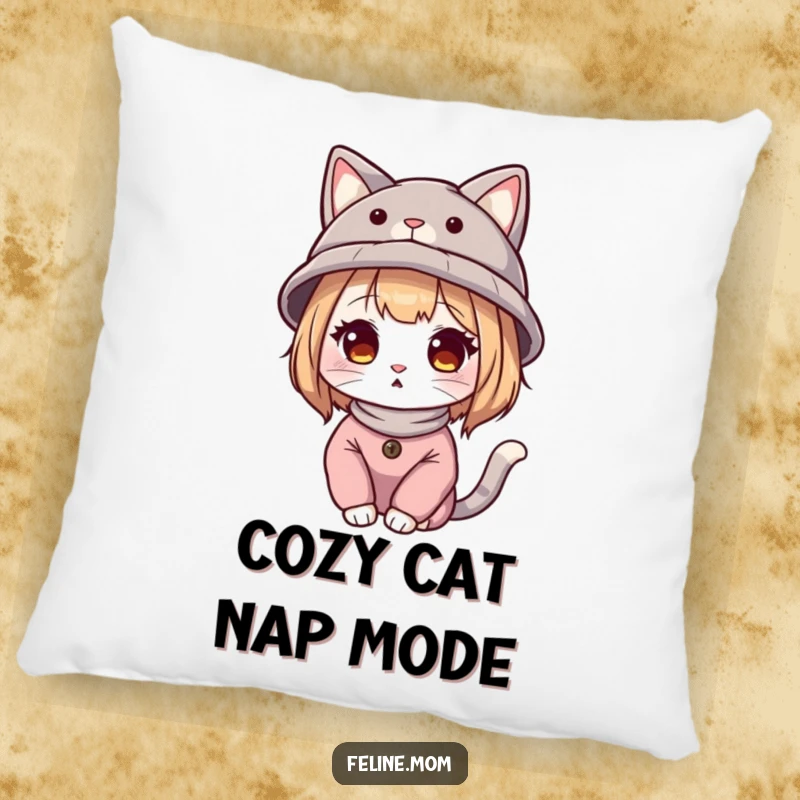 Funny cat lady illustration wearing a hat with cat ears, on a soft and decorative throw pillow.