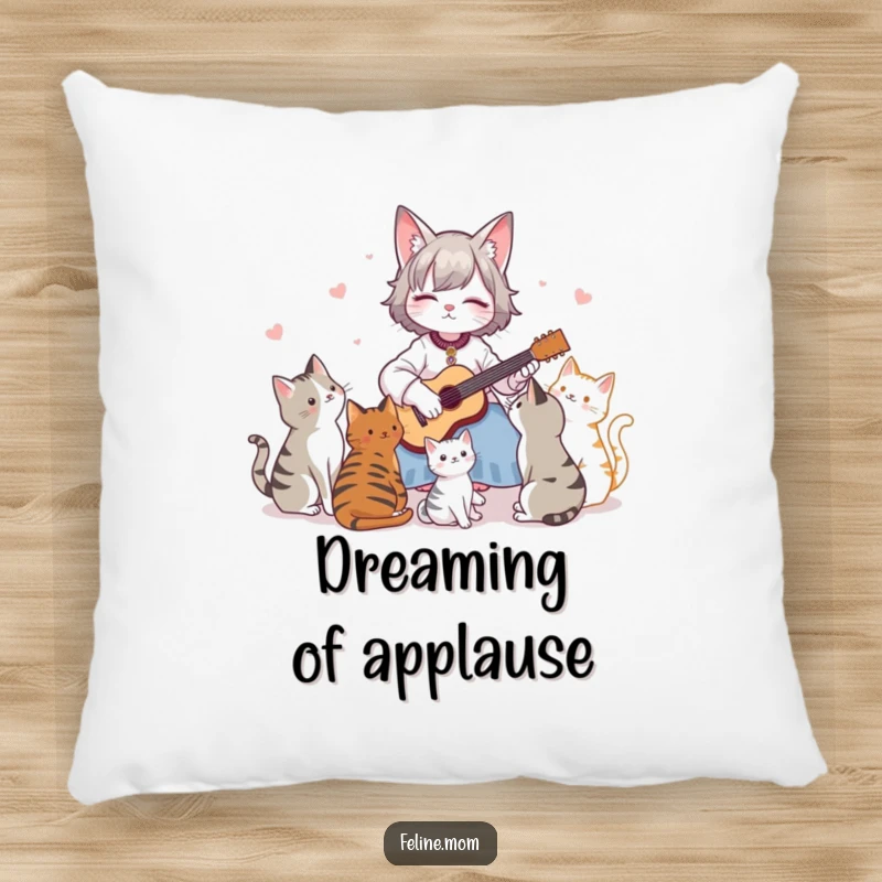 Funny Pillow: A plush pillow featuring a cat lady playing a guitar for a group of calm, listening cats.