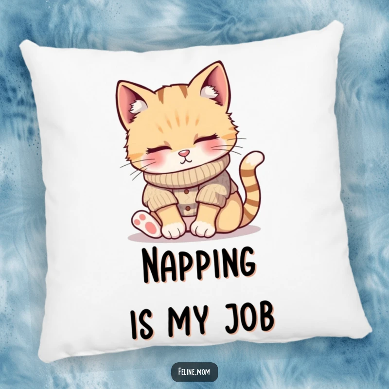 Funny pillow featuring a cat in a knitted sweater, peacefully napping in a sunbeam, offering ultimate comfort and charm, perfect for gifting.